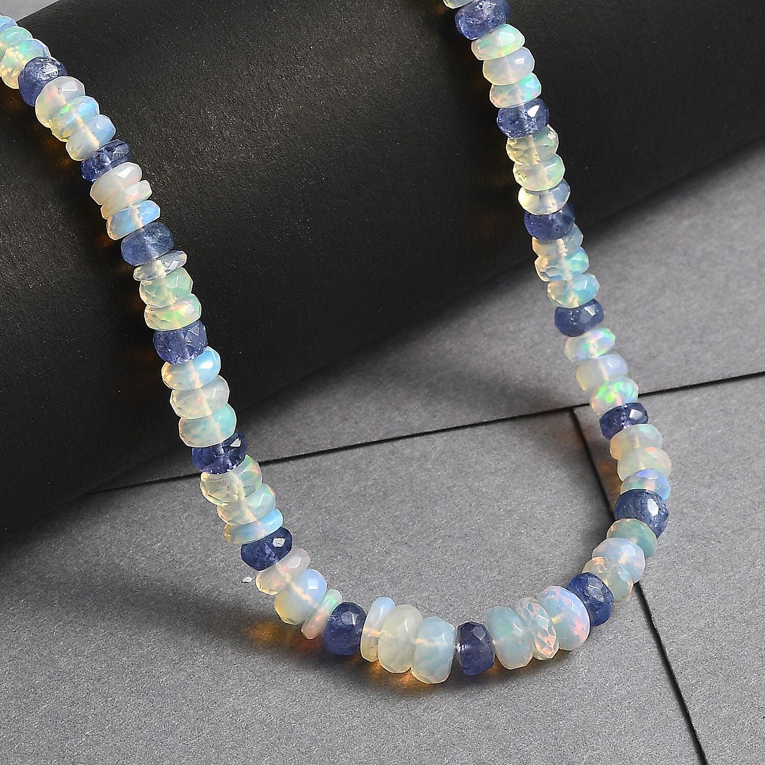 Premium Ethiopian Welo Opal and Tanzanite 61.00 ctw Beaded Necklace in Rhodium Over Sterling Silver 18 Inches