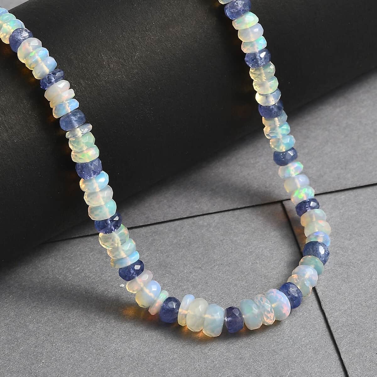 Premium Ethiopian Welo Opal and Tanzanite 61.00 ctw Beaded Necklace in Rhodium Over Sterling Silver 18 Inches image number 1