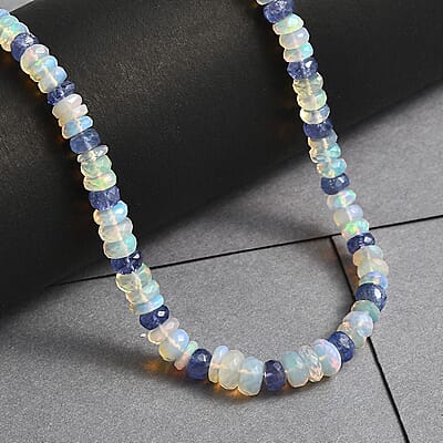 Premium Ethiopian Welo Opal and Tanzanite 61.00 ctw Beaded Necklace in Rhodium Over Sterling Silver 18 Inches