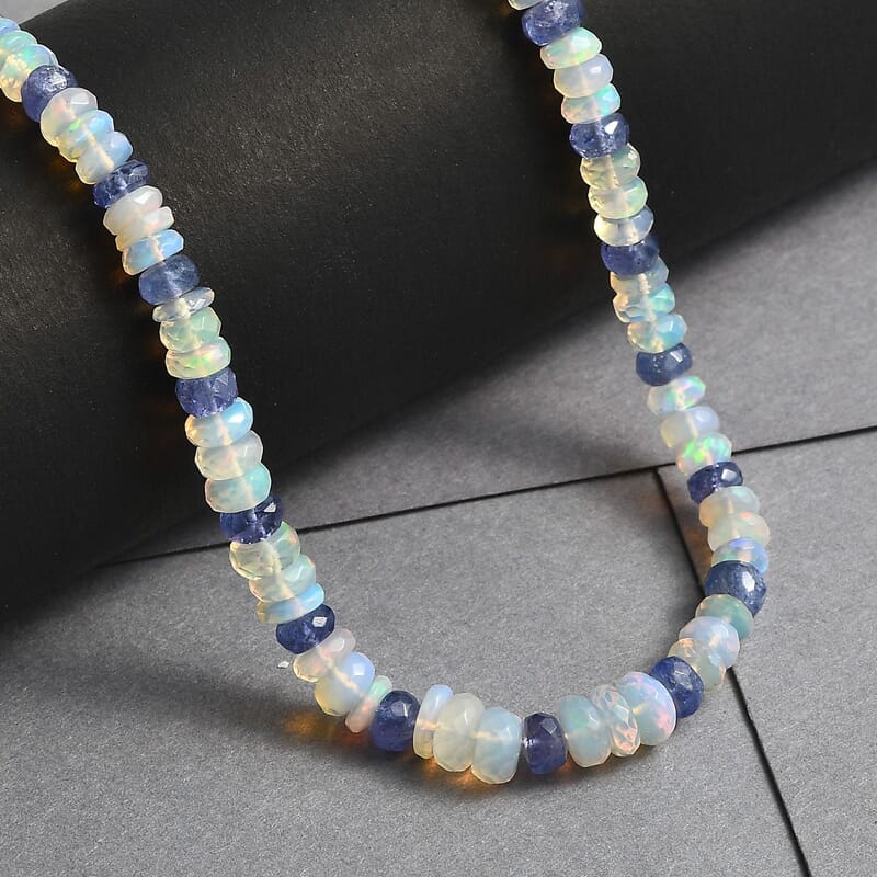 Premium Ethiopian Welo Opal and Tanzanite 61.00 ctw Beaded Necklace in Rhodium Over Sterling Silver 18 Inches