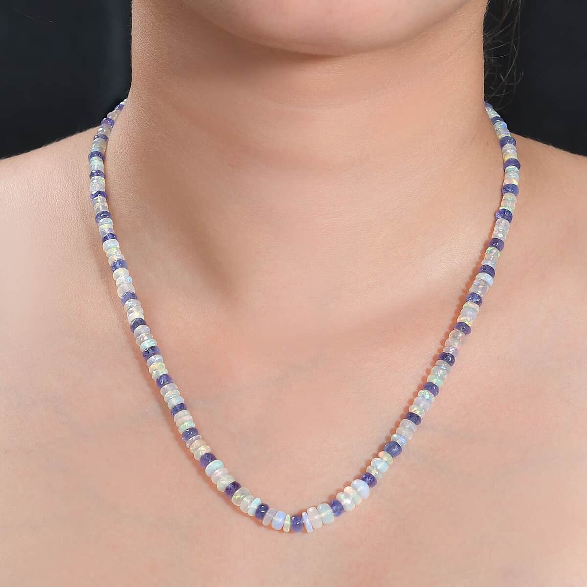 Premium Ethiopian Welo Opal and Tanzanite 61.00 ctw Beaded Necklace in Rhodium Over Sterling Silver 18 Inches image number 2