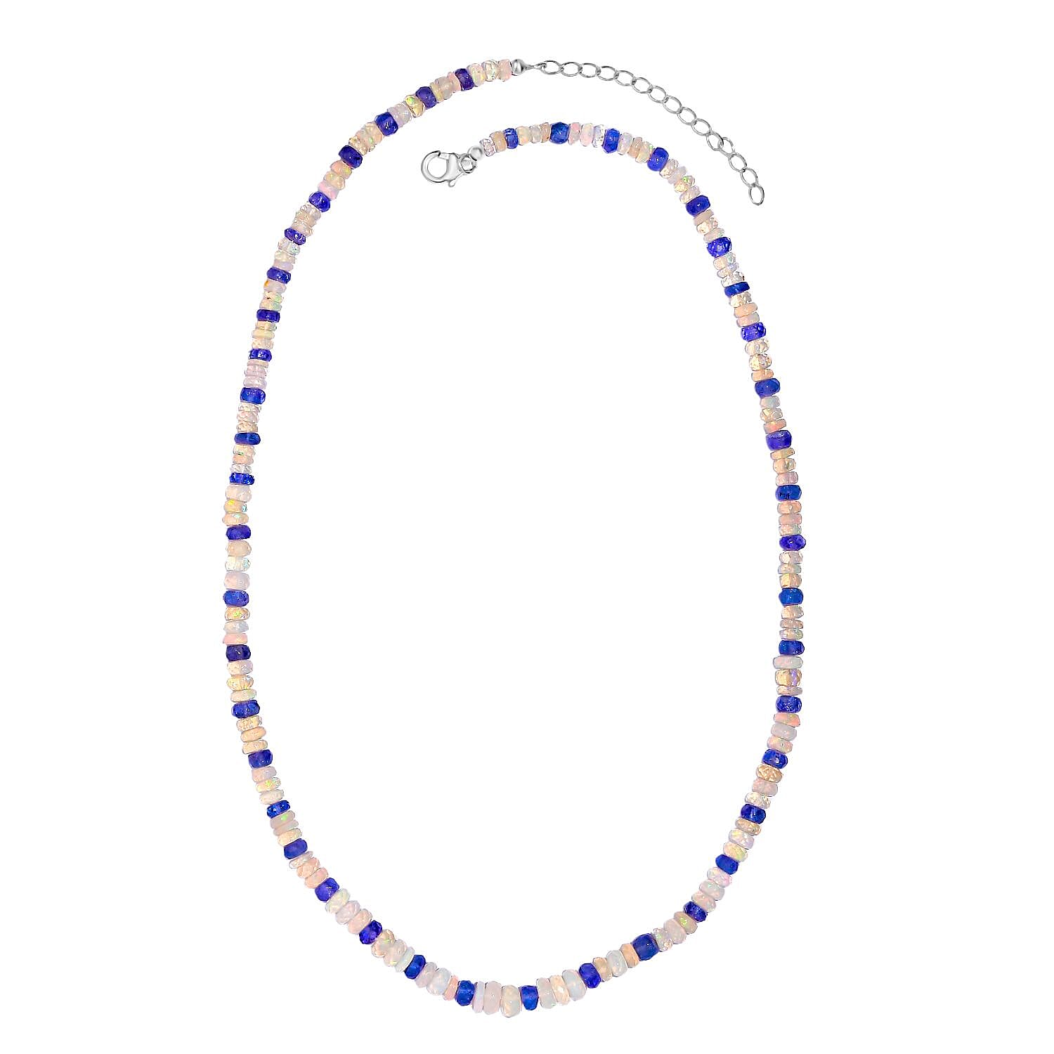 Premium Ethiopian Welo Opal and Tanzanite 61.00 ctw Beaded Necklace in Rhodium Over Sterling Silver 18 Inches