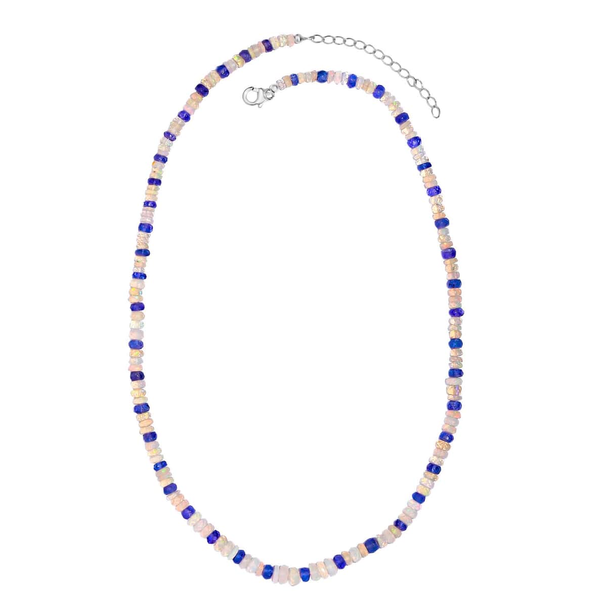 Premium Ethiopian Welo Opal and Tanzanite 61.00 ctw Beaded Necklace in Rhodium Over Sterling Silver 18 Inches image number 3