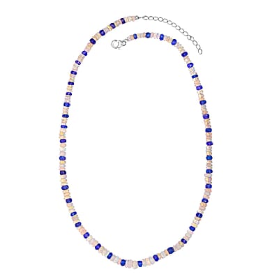 Premium Ethiopian Welo Opal and Tanzanite 61.00 ctw Beaded Necklace in Rhodium Over Sterling Silver 18 Inches