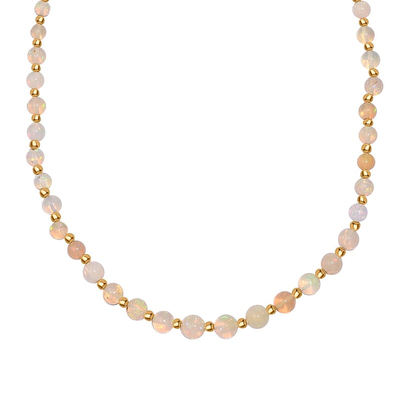 Premium Ethiopian Welo Opal 18.00 ctw Beaded Necklace in 18K Yellow Gold Over Sterling Silver 18 Inches