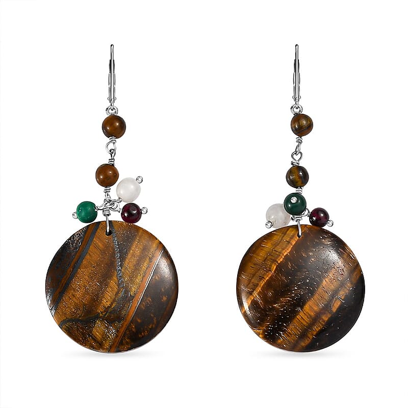 Tigers Eye and Multi Gemstone 54.40 ctw Earrings in Stainless Steel