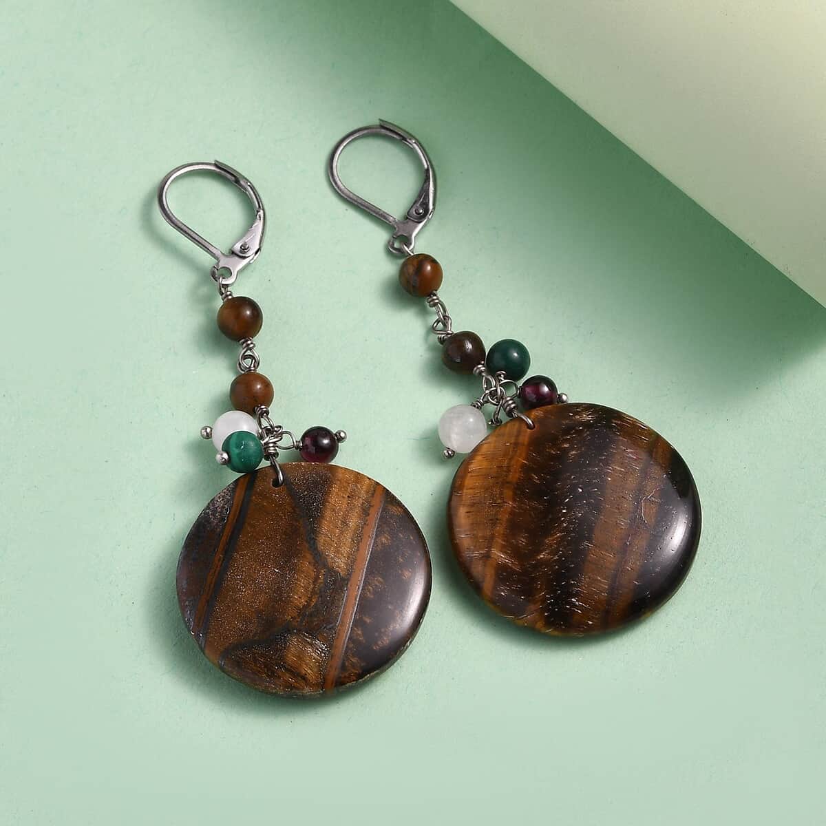 Tigers Eye and Multi Gemstone 54.40 ctw Earrings in Stainless Steel image number 1