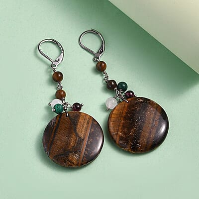 Tigers Eye and Multi Gemstone 54.40 ctw Earrings in Stainless Steel