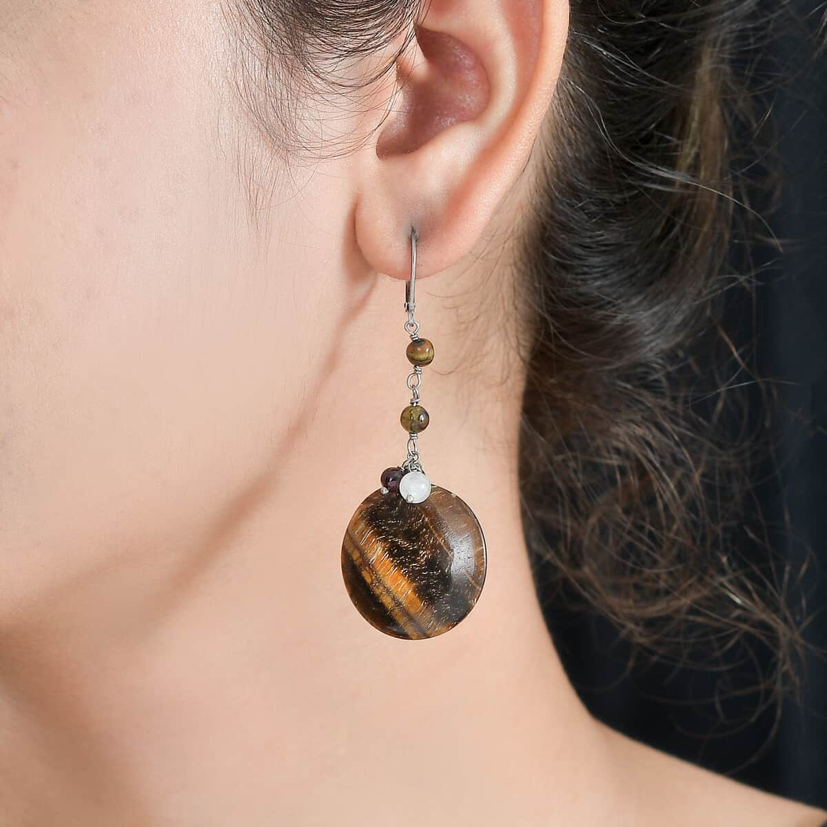 Tigers Eye and Multi Gemstone 54.40 ctw Earrings in Stainless Steel image number 2