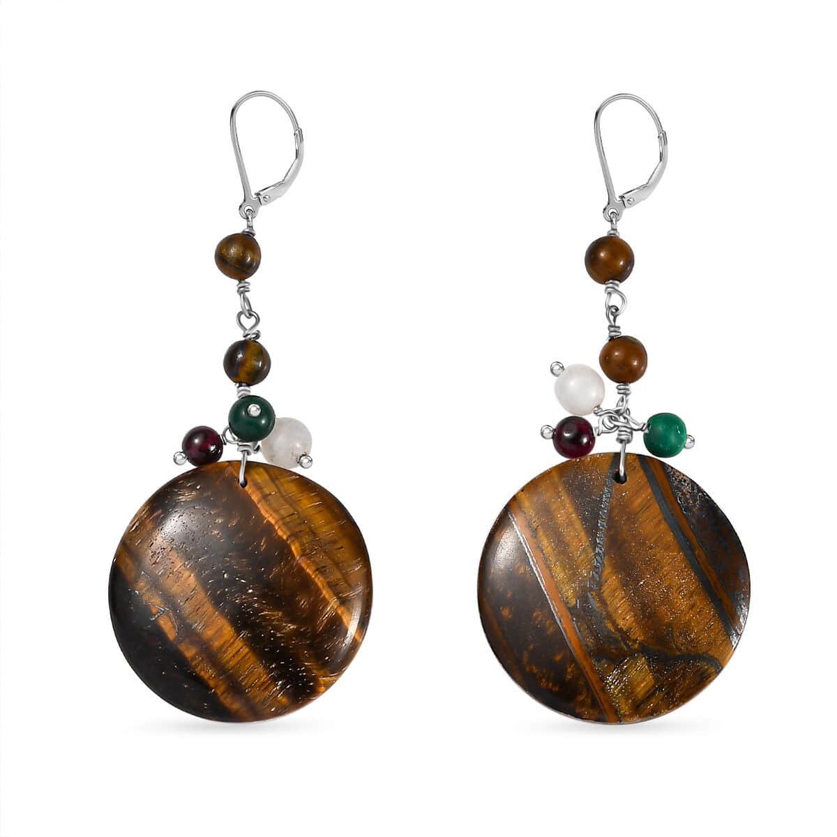 Tigers Eye and Multi Gemstone 54.40 ctw Earrings in Stainless Steel image number 3