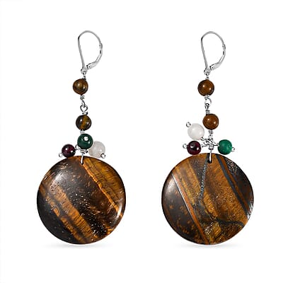 Tigers Eye and Multi Gemstone 54.40 ctw Earrings in Stainless Steel