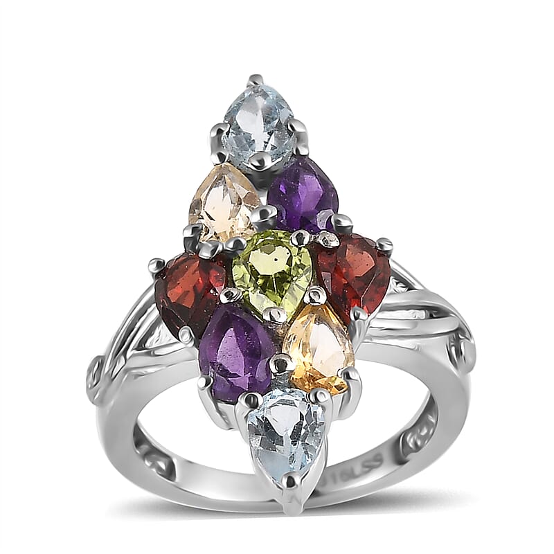 EverTrue Multi Gemstone 3.80 ctw Elongated Ring in Stainless Steel (Size 10.0)