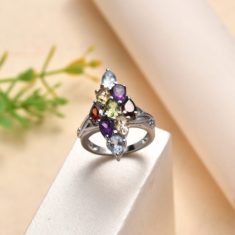 EverTrue Multi Gemstone 3.80 ctw Elongated Ring in Stainless Steel (Size 9.0)