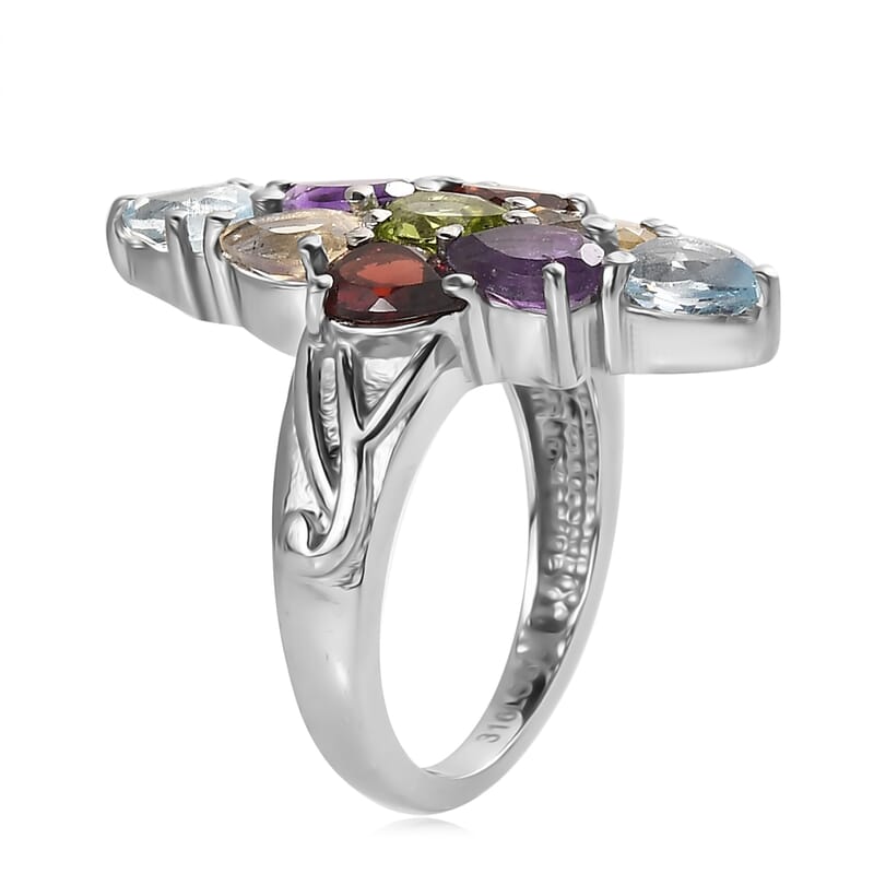 EverTrue Multi Gemstone 3.80 ctw Elongated Ring in Stainless Steel (Size 9.0)