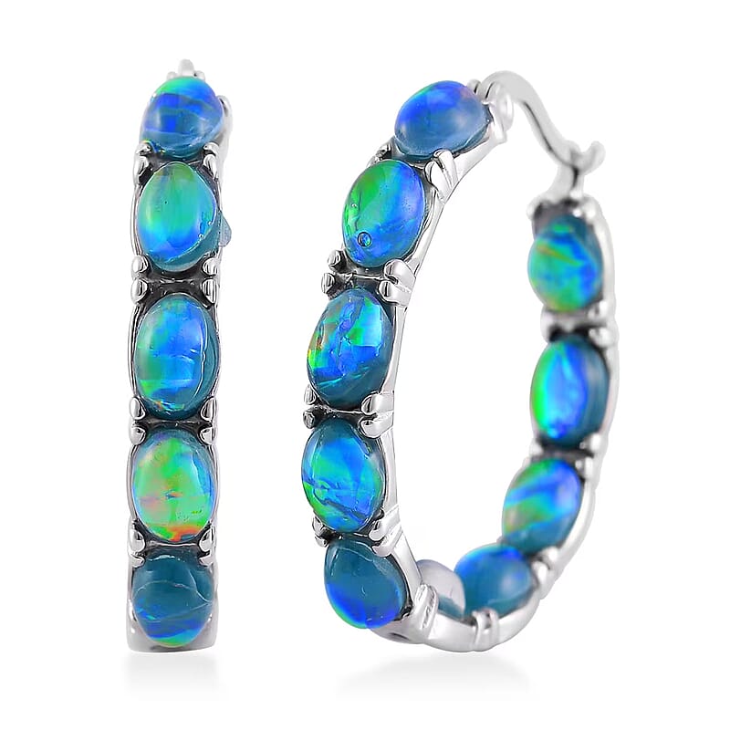 Green Magic Simulated Designer Opal Hoop Earrings in Stainless Steel