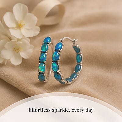 Green Magic Simulated Designer Opal Hoop Earrings in Stainless Steel