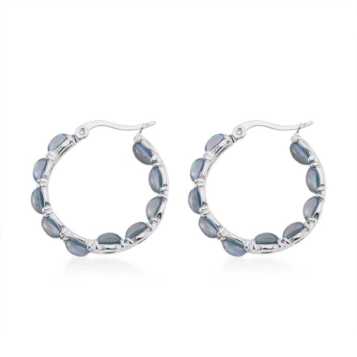 Green Magic Simulated Opal Inside Out Hoop Earrings in Stainless Steel image number 6