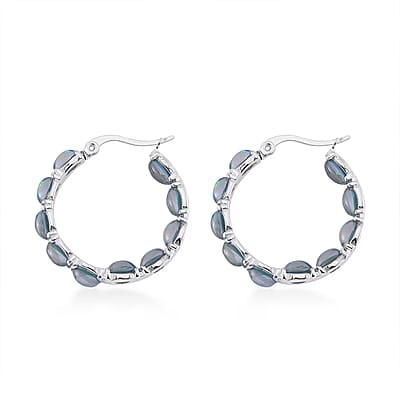 Green Magic Simulated Designer Opal Hoop Earrings in Stainless Steel