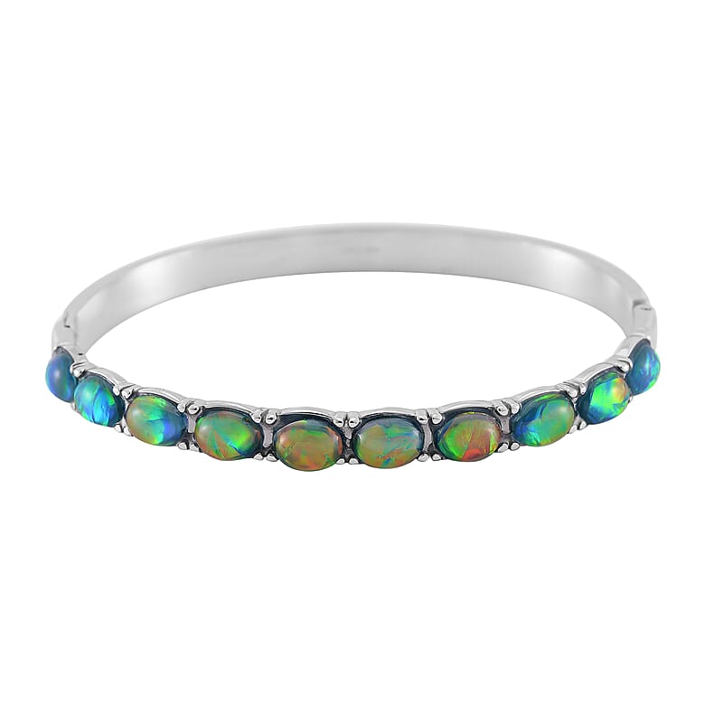Green Magic Simulated Opal Resin Bangle Bracelet in Stainless Steel (7.50 In)