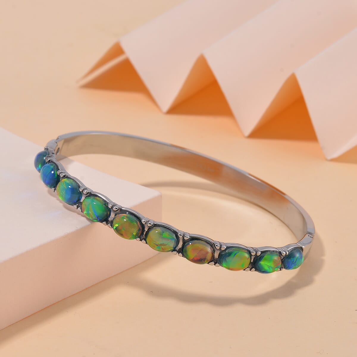 Value Buy Green Magic Simulated Opal Resin Bangle Bracelet in Stainless Steel (7.50 In) image number 1
