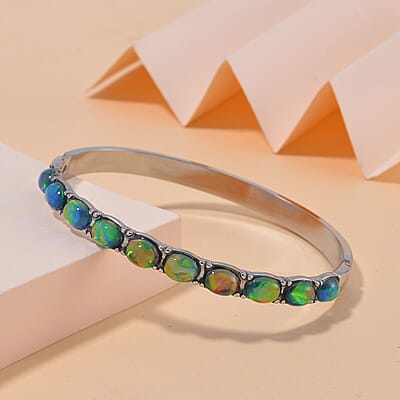 Green Magic Simulated Opal Resin Bangle Bracelet in Stainless Steel (7.50 In)