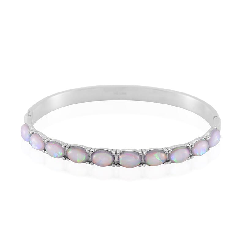 White Aurora Borealis Magic Simulated Opal Resin Bangle Bracelet in Stainless Steel (7.50 In)