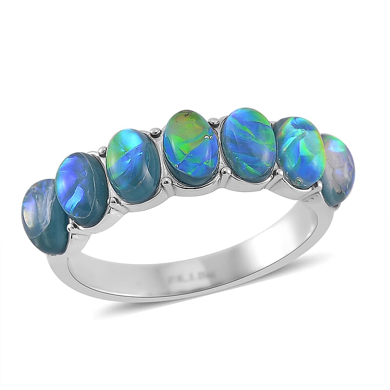 Green Simulated Opal Resin 7 Stone Ring in Stainless Steel (Size 10.0)