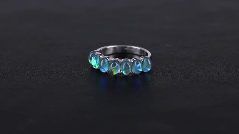 Green Simulated Opal Resin 7 Stone Ring in Stainless Steel (Size 10.0)