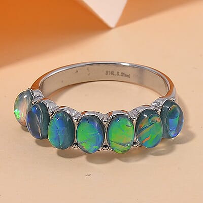 Green Simulated Opal Resin 7 Stone Ring in Stainless Steel (Size 10.0)