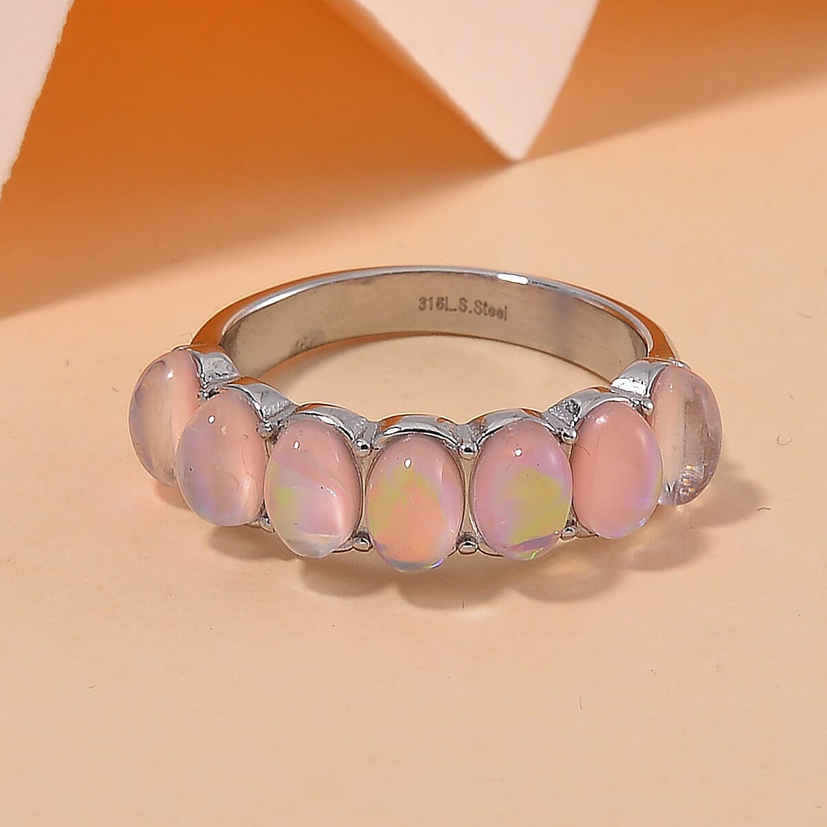 Pink Magic Simulated Opal Resin 7 Stone Ring in Stainless Steel (Size 6.0) image number 1