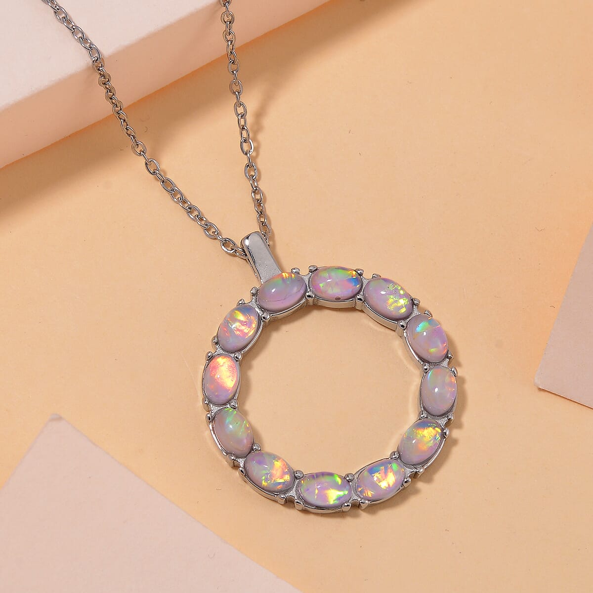 Multi Color Simulated Opal Resin Necklace in Stainless Steel 20-22 Inches image number 1