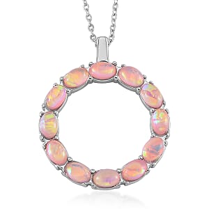 Pink Color Simulated Opal Resin Necklace in Stainless Steel 20-22 Inches