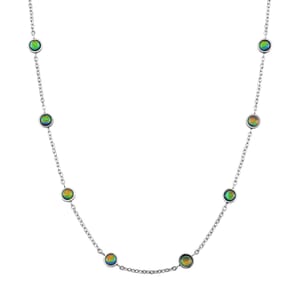 Green Color Simulated Opal Resin Station Necklace in Stainless Steel 20-22 Inches