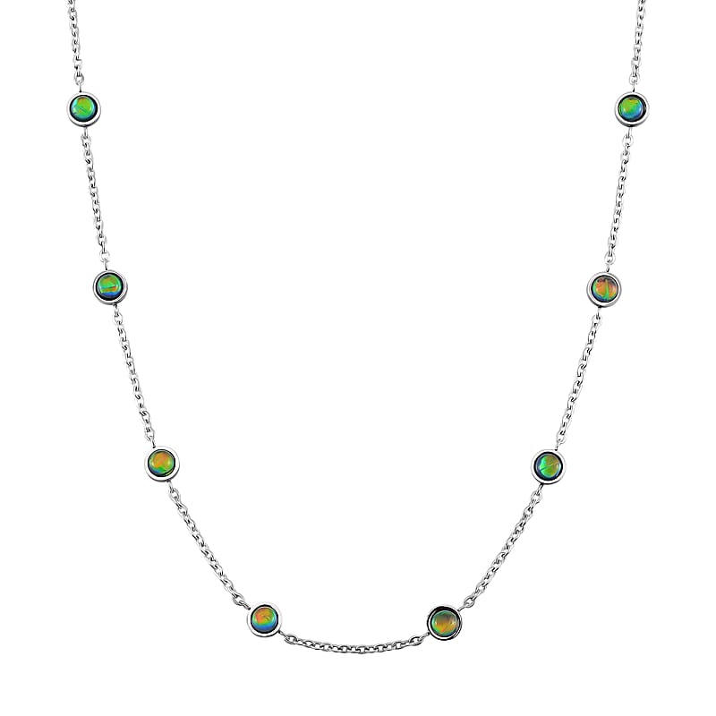 Green Color Simulated Opal Resin Station Necklace in Stainless Steel 20-22 Inches