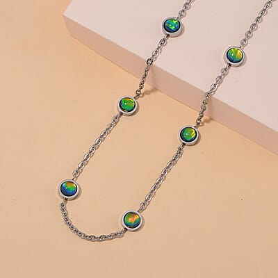 Green Color Simulated Opal Resin Station Necklace in Stainless Steel 20-22 Inches