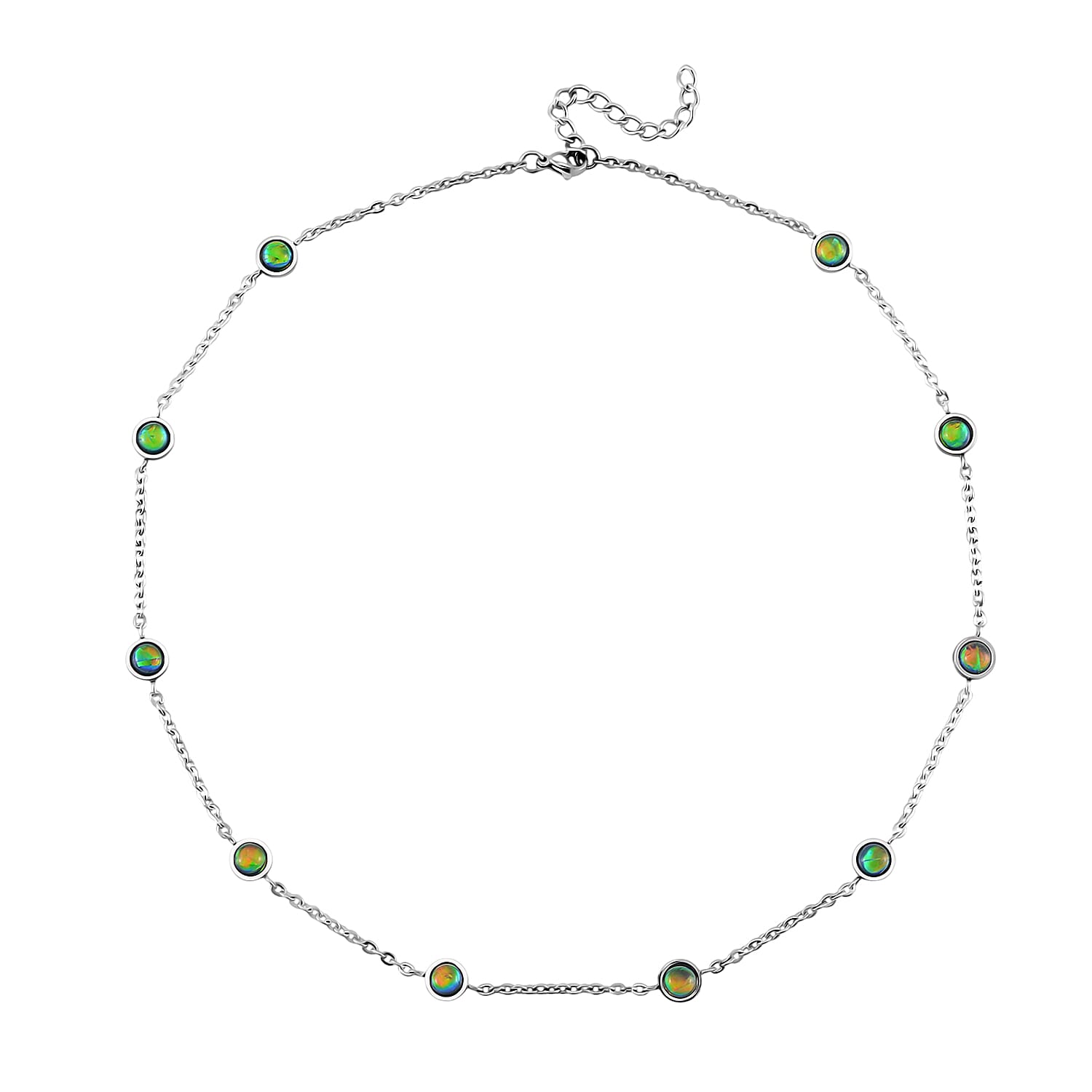 Green Color Simulated Opal Resin Station Necklace in Stainless Steel 20-22 Inches