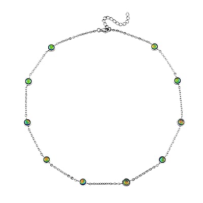 Green Color Simulated Opal Resin Station Necklace in Stainless Steel 20-22 Inches