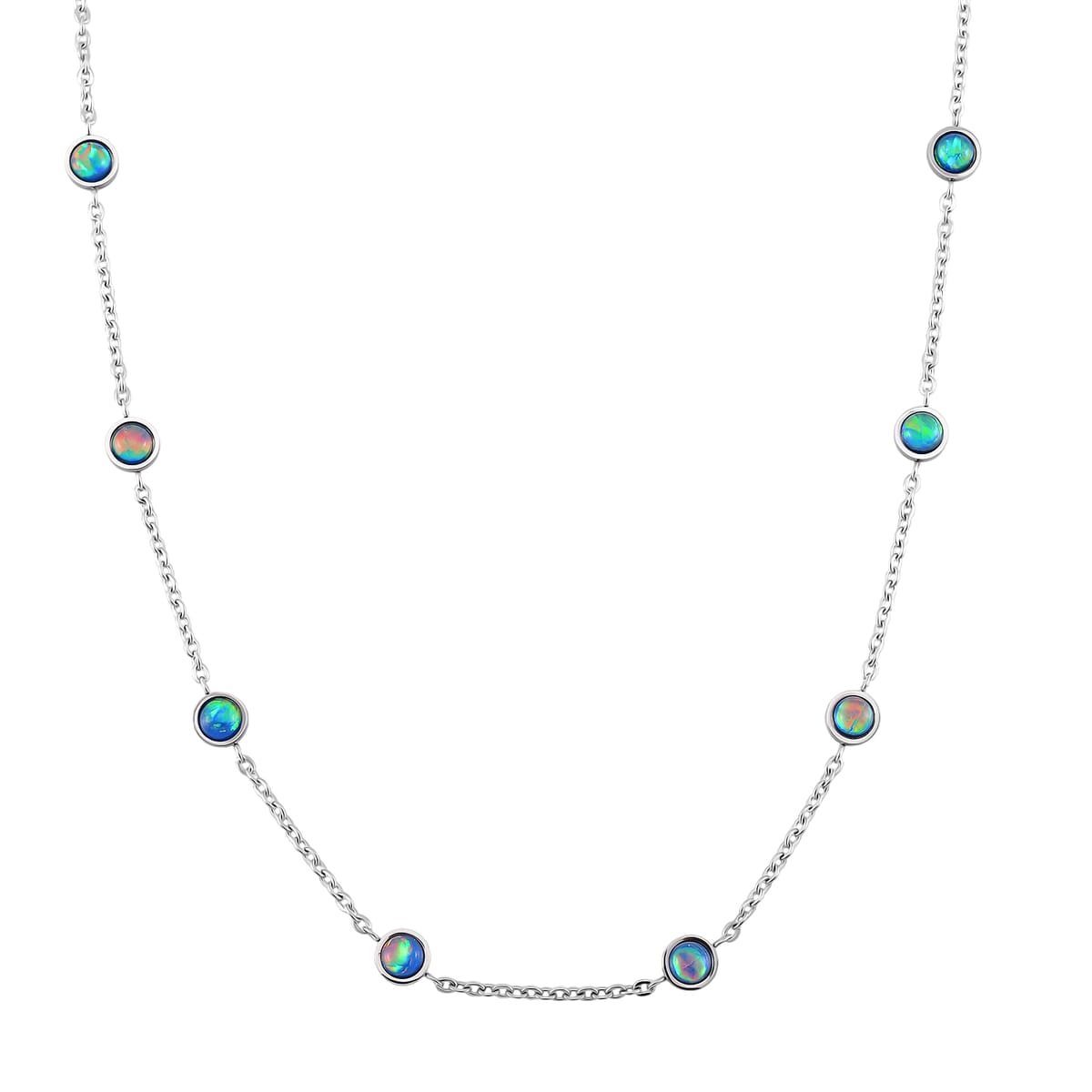 Blue Magic Simulated Opal Resin Station Necklace (20-22 Inches) in Stainless Steel image number 0