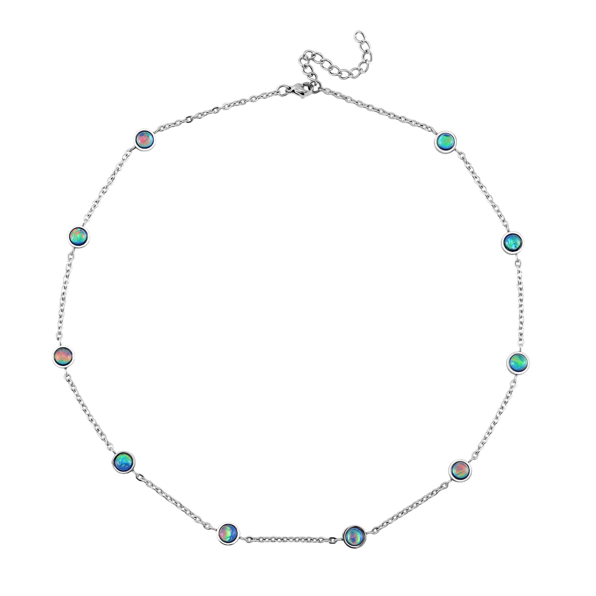 Blue Magic Simulated Opal Resin Station Necklace (20-22 Inches) in Stainless Steel image number 2