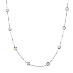White Aurora Borealis Simulated Opal Resin Station Necklace in Stainless Steel 20-22 Inches