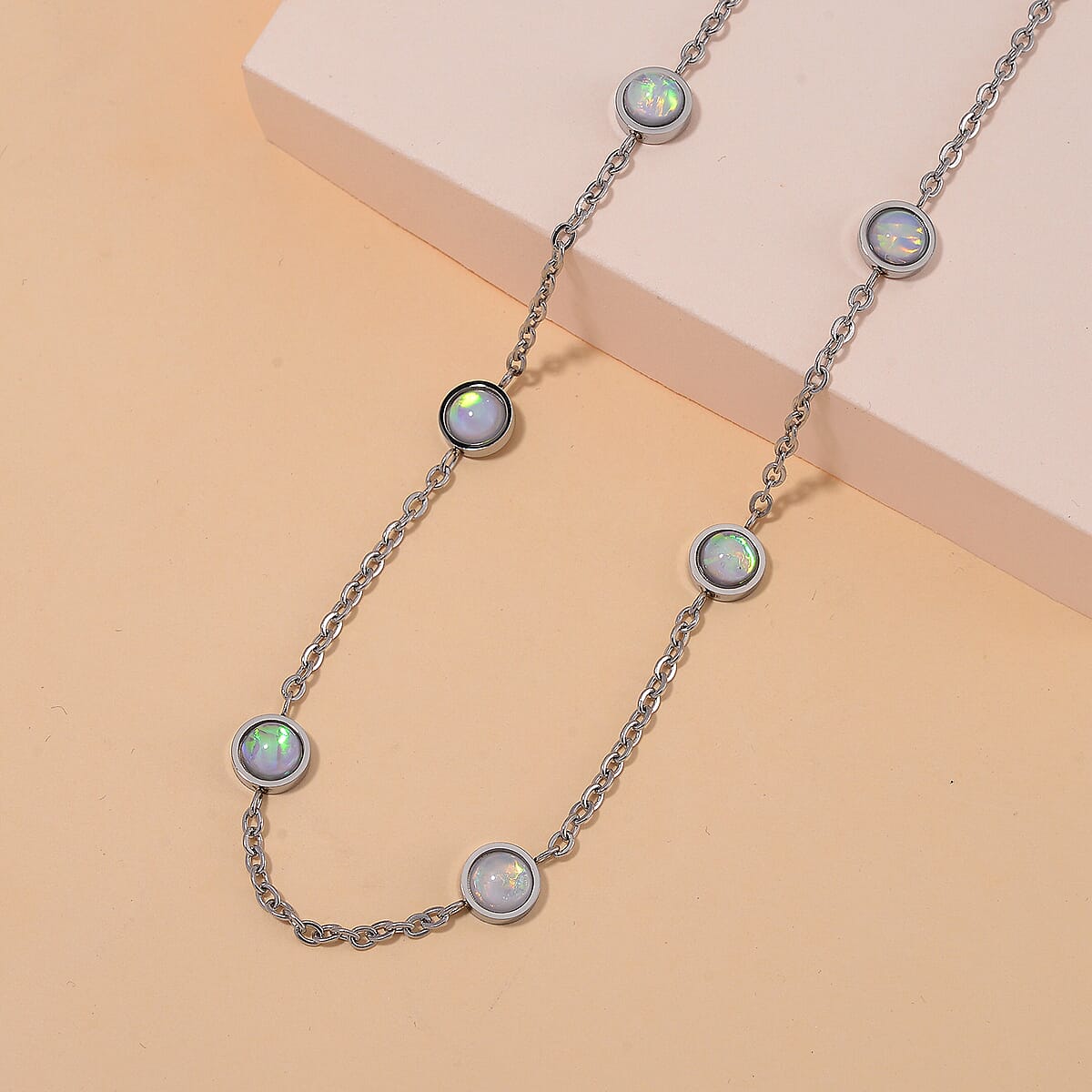 White Aurora Borealis Simulated Opal Resin Station Necklace in Stainless Steel 20-22 Inches image number 1