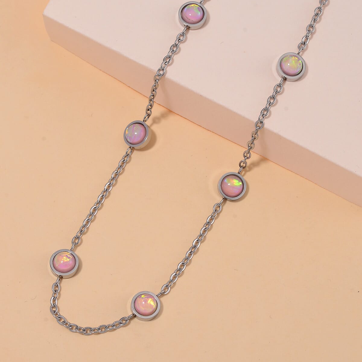 Pink Simulated Opal Resin Station Necklace in Stainless Steel 20-22 Inches image number 1