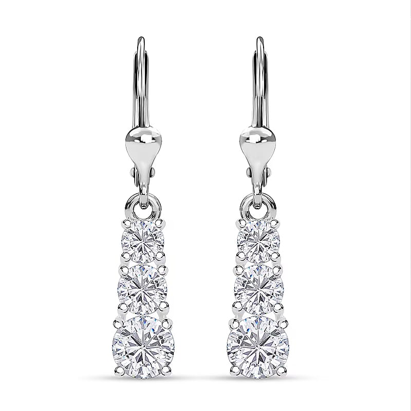 D'Joy Lab Created White Sapphire 2.20 ctw Trinity Earrings in Sterling Silver