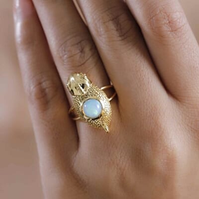 GP Ethiopian Welo Opal and Kanchanaburi Blue Sapphire 1.23 ctw Ring in 18K Vermeil Yellow Gold Over Sterling Silver (Size 9.0)