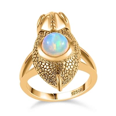 GP Ethiopian Welo Opal and Kanchanaburi Blue Sapphire 1.23 ctw Ring in 18K Vermeil Yellow Gold Over Sterling Silver (Size 9.0)