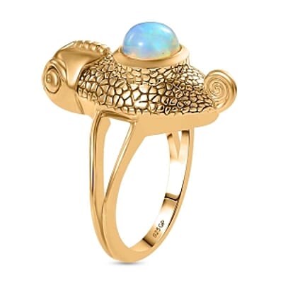 GP Ethiopian Welo Opal and Kanchanaburi Blue Sapphire 1.23 ctw Ring in 18K Vermeil Yellow Gold Over Sterling Silver (Size 9.0)