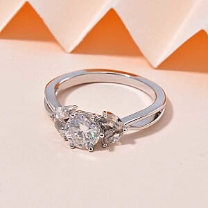 White Moissanite and White Zricon 1.17 ctw Ring in Rhodium Over Sterling Silver (Size 8)