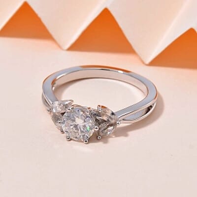 White Moissanite and White Zricon 1.17 ctw Ring in Rhodium Over Sterling Silver (Size 8)