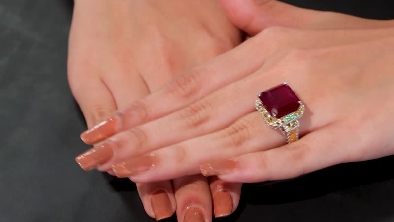 Doorbuster Asscher Cut Premium Niassa Ruby (FF) and Tsavorite Garnet 21.50 ctw Ring in Rhodium Over Sterling Silver
