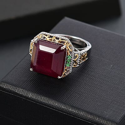 D'Joy Asscher Cut Premium Niassa Ruby (FF) and Tsavorite Garnet 21.50 ctw Ring in Vermeil YG and Rhodium Over Sterling Silver (Size 10.0)